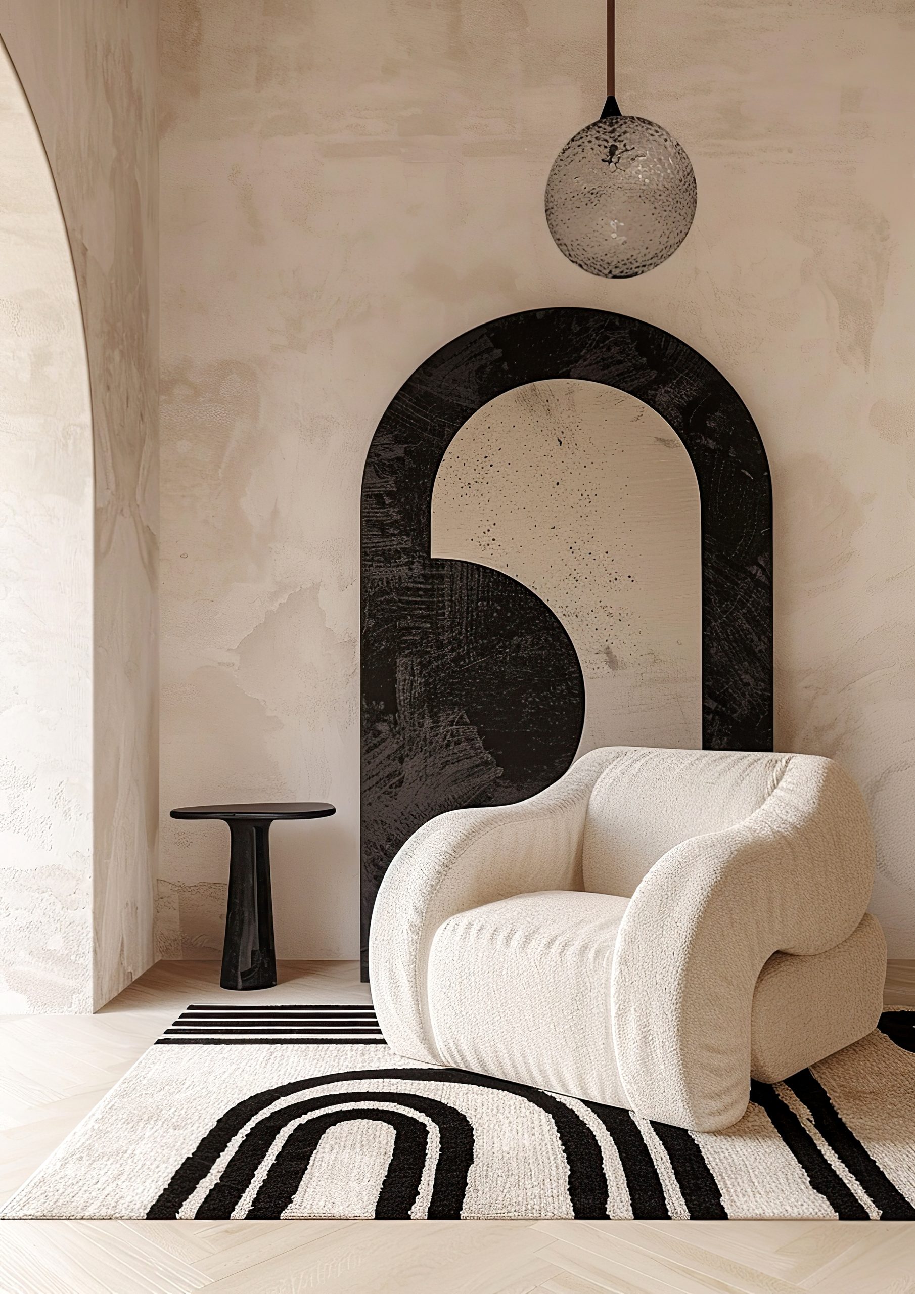 Minimalist, japandi style home geometric interior design of modern living room. Boucle armchair near beige stucco wall against arched window.