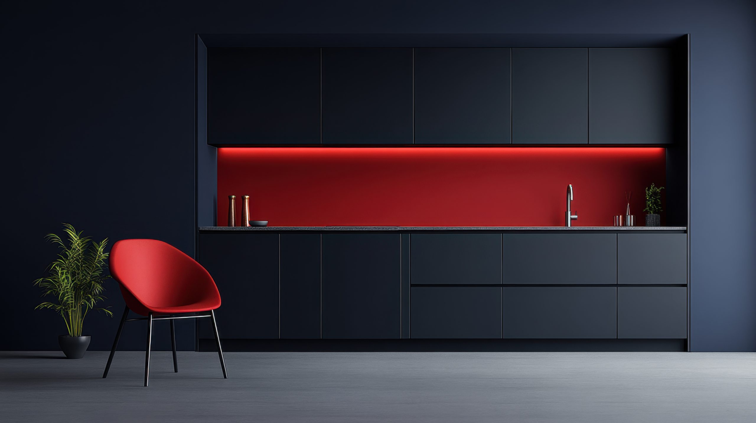 Modern minimalist kitchen with black cabinets and red accent lighting.